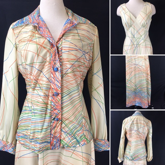 Vintage 70s Two Piece Cream & Neon Scribbles Dress - Picture 2 of 6
